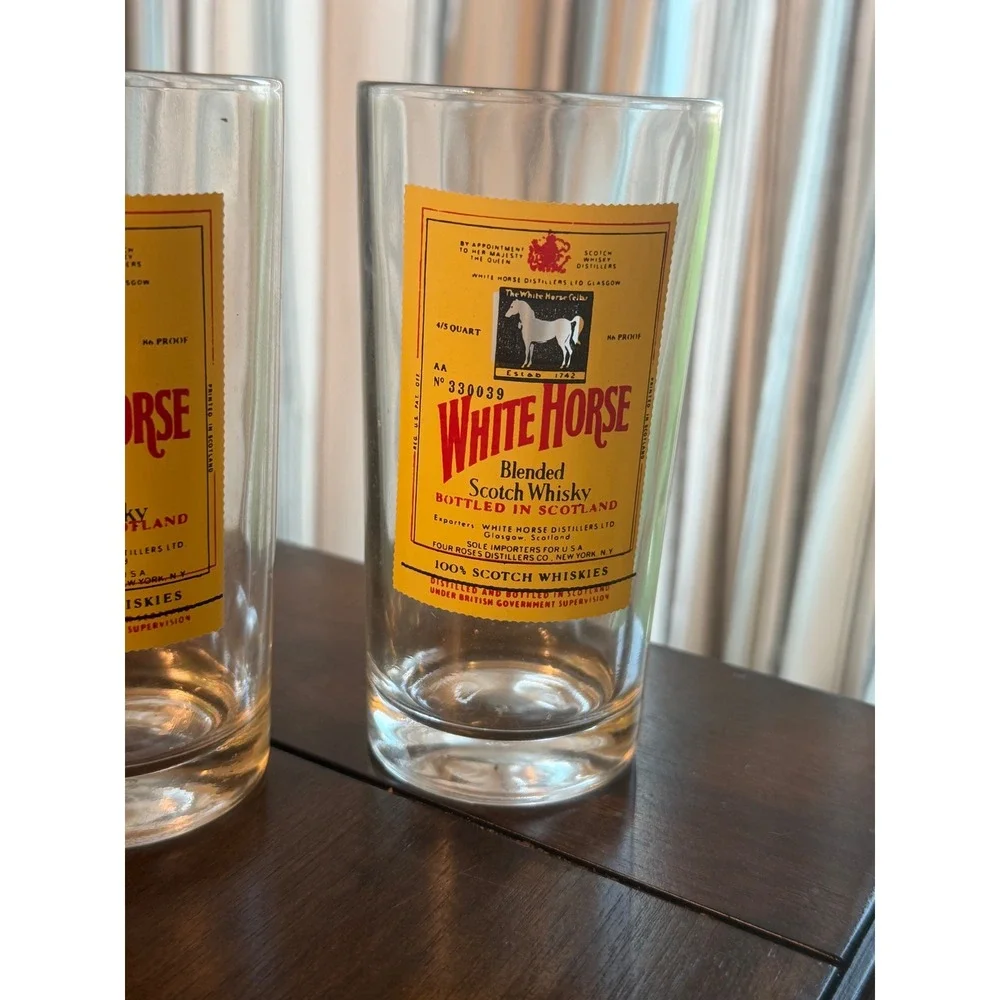 Vintage White Horse Scotch Whisky Highball Glasses Set of 2 Yellow Label Barware
